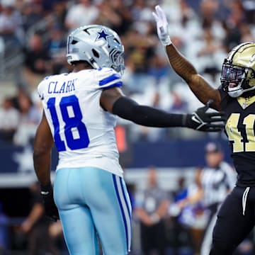 New Orleans Saints running back Alvin Kamara (41) celebrates after a score against the Dallas Cowboys