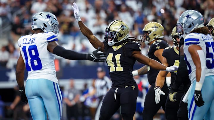 New Orleans Saints running back Alvin Kamara (41) celebrates after a score against the Dallas Cowboys