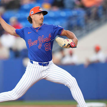 Mar 6, 2025; Port St. Lucie, Florida, USA;  New York Mets pitcher Brandon Sproat (91) pitches against the Houston Astros at Clover Park. Mandatory Credit: Jim Rassol-Imagn Images