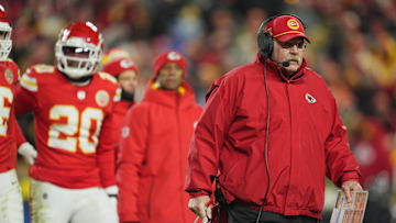 Jan 18, 2025; Kansas City, Missouri, USA; Kansas City Chiefs head coach Andy Reid looks on during the fourth quarter of a 2025 AFC divisional round game against the Houston Texans at GEHA Field at Arrowhead Stadium. Mandatory Credit: Jay Biggerstaff-Imagn Images