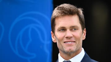 Aug 11, 2024; Inglewood, California, USA; New England Patriots retired quarterback Tom Brady before the game between the Los Angeles Rams and the Dallas Cowboys at SoFi Stadium. Mandatory Credit: Jonathan Hui-Imagn Images