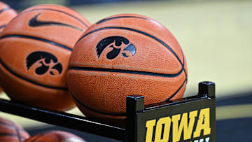 Mar 6, 2025; Iowa City, Iowa, USA; Basketballs before a game between the Iowa Hawkeyes and the Michigan State Spartans at Carver-Hawkeye Arena. Mandatory Credit: Jeffrey Becker-Imagn Images