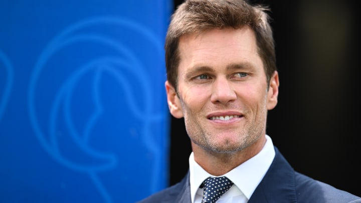 Aug 11, 2024; Inglewood, California, USA; New England Patriots retired quarterback Tom Brady before the game between the Los Angeles Rams and the Dallas Cowboys at SoFi Stadium. Mandatory Credit: Jonathan Hui-USA TODAY Sports