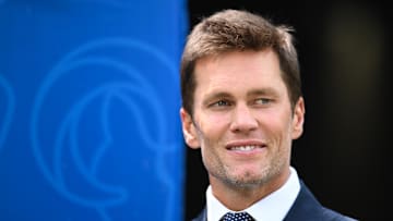 Aug 11, 2024; Inglewood, California, USA; New England Patriots retired quarterback Tom Brady before the game between the Los Angeles Rams and the Dallas Cowboys at SoFi Stadium. Mandatory Credit: Jonathan Hui-Imagn Images