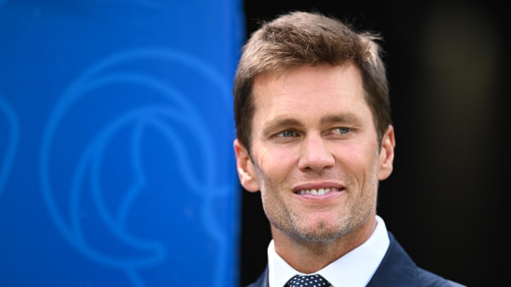 Aug 11, 2024; Inglewood, California, USA; New England Patriots retired quarterback Tom Brady before the game between the Los Angeles Rams and the Dallas Cowboys at SoFi Stadium. Mandatory Credit: Jonathan Hui-USA TODAY Sports