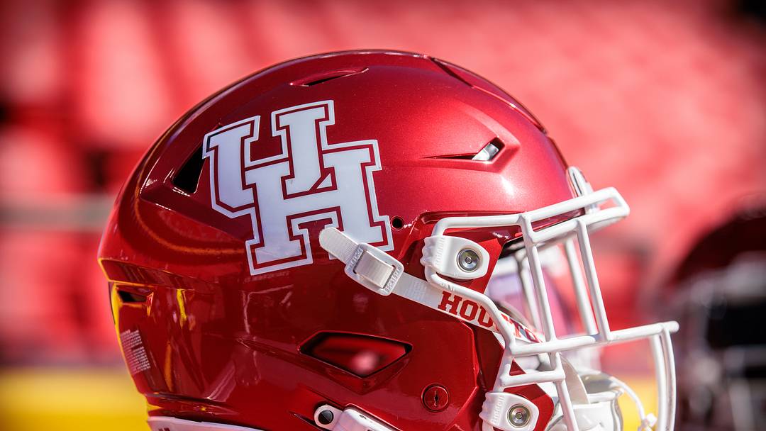 Oct 19, 2024; Kansas City, Missouri, USA; Houston Cougars helmet on the sidelines prior to the game against the Kansas Jayhawks at GEHA Field at Arrowhead Stadium. Mandatory Credit: William Purnell-Imagn Images