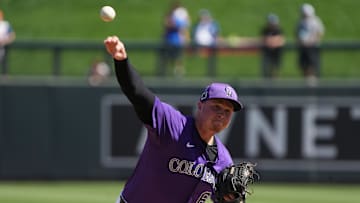 Feb 27, 2025; Salt River Pima-Maricopa, Arizona, USA; Colorado Rockies pitcher Bradley Blalock (64) throws in the first inning against the Los Angeles Dodgers during a spring training game at Salt River Fields at Talking Stick. Mandatory Credit: Rick Scuteri-Imagn Images