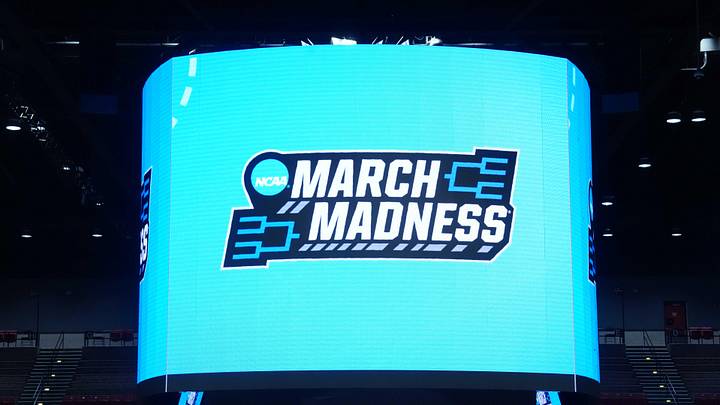 Mar 22, 2026; San Diego, CA, USA; A general overall view of the March Madness logo on the video board during a second round game of the men's 2026 NCAA Tournament at Viejas Arena. Mandatory Credit: Kirby Lee-Imagn Images