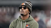 Nov 23, 2025; Paradise, Nevada, USA; Cleveland Browns quarterback Deshaun Watson watches on the sidelines against the Las Vegas Raiders in the second half at Allegiant Stadium. Mandatory Credit: Kirby Lee-Imagn Images