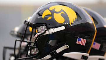 Oct 14, 2023; Madison, Wisconsin, USA;  General view of Iowa Hawkeyes helmets prior to the game against the Wisconsin Badgers at Camp Randall Stadium. Mandatory Credit: Jeff Hanisch-Imagn Images