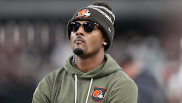 Cleveland Browns quarterback Deshaun Watson watches on the sidelines against the Las Vegas Raiders in the second half at Allegiant Stadium.