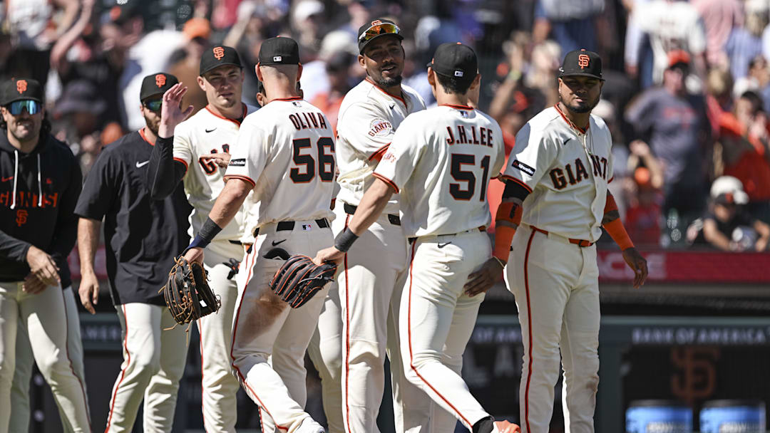 Apr 8, 2026; San Francisco, California, USA; The San Francisco Giants celebrate defeating the Philadelphia Phillies 5-0 at Oracle Park. Mandatory Credit: Justine Willard-Imagn Images