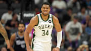 Mar 22, 2025; Sacramento, California, USA; Milwaukee Bucks forward Giannis Antetokounmpo (34) reacts after scoring against the Sacramento Kings during the fourth quarter at Golden 1 Center. Mandatory Credit: Darren Yamashita-Imagn Images
