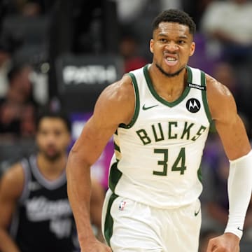Mar 22, 2025; Sacramento, California, USA; Milwaukee Bucks forward Giannis Antetokounmpo (34) reacts after scoring against the Sacramento Kings during the fourth quarter at Golden 1 Center. Mandatory Credit: Darren Yamashita-Imagn Images