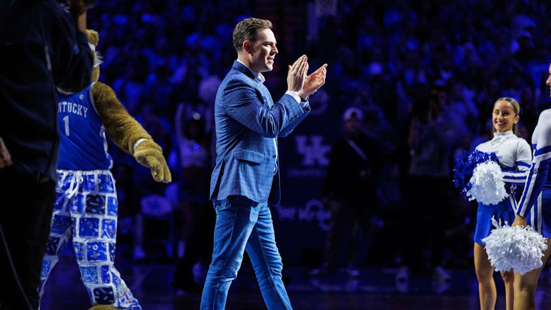 Dec 2, 2025; Lexington, Kentucky, USA; Incoming Kentucky Wildcats head football coach Will Stein is introduced during the first half against the North Carolina Tar Heels at Rupp Arena at Central Bank Center. Mandatory Credit: Jordan Prather-Imagn Images