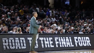 Mar 23, 2025; Cleveland, OH, USA; Alabama Crimson Tide head coach Nate Oats reacts in the second half against the St. Mary's Gaels during the NCAA Tournament Second Round at Rocket Arena. Mandatory Credit: Rick Osentoski-Imagn Images