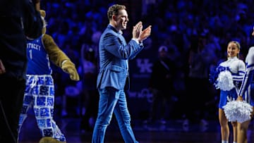 Dec 2, 2025; Lexington, Kentucky, USA; Incoming Kentucky Wildcats head football coach Will Stein is introduced during the first half against the North Carolina Tar Heels at Rupp Arena at Central Bank Center. Mandatory Credit: Jordan Prather-Imagn Images
