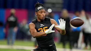 Mar 1, 2025; Indianapolis, IN, USA; Maryland wideout Kaden Prather (WOD36) during the 2025 NFL Combine at Lucas Oil Stadium. Mandatory Credit: Kirby Lee-Imagn Images