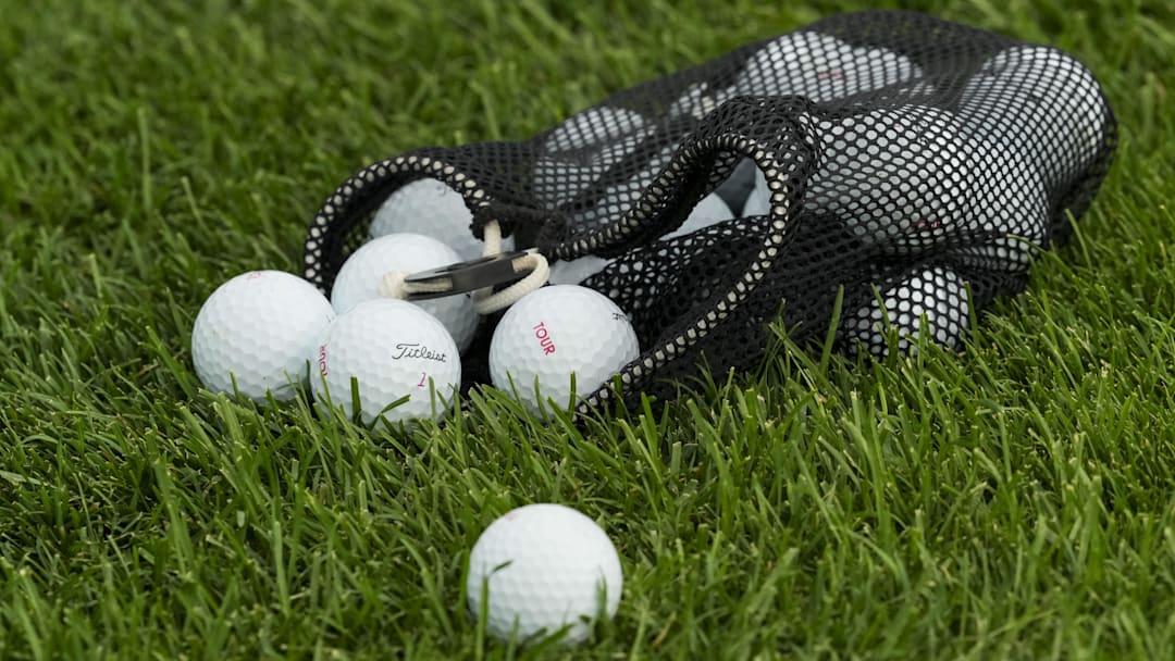 A general view of a bag of golf balls