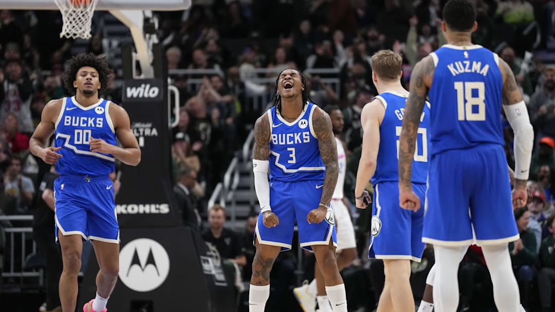 Feb 23, 2025; Milwaukee, Wisconsin, USA; Milwaukee Bucks guard Kevin Porter Jr. (3) celebrates after scoring a basket during the fourth quarter against the Miami Heat at Fiserv Forum. Mandatory Credit: Jeff Hanisch-Imagn Images Feb 23, 2025; Milwaukee, Wisconsin, USA; Milwaukee Bucks guard Kevin Porter Jr. (3) celebrates after scoring a basket during the fourth quarter against the Miami Heat at Fiserv Forum. Mandatory Credit: Jeff Hanisch-Imagn Images