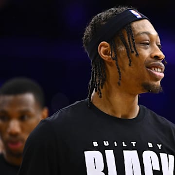 Feb 14, 2024; Philadelphia, Pennsylvania, USA; Miami Heat guard Alondes Williams (15) warms up before the game against the Philadelphia 76ers at Wells Fargo Center. Mandatory Credit: Kyle Ross-Imagn Images