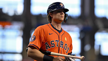 Sep 7, 2025; Arlington, Texas, USA; Houston Astros center fielder Jake Meyers (6) walks to the on-deck circle during the game between the Texas Rangers and the Houston Astros at Globe Life Field. 