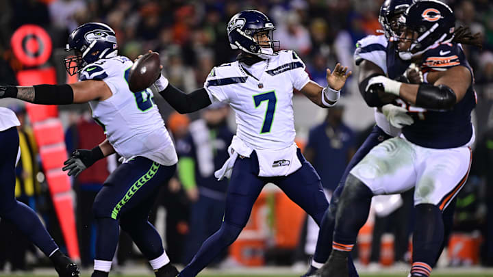 Dec 26, 2024; Chicago, Illinois, USA; Seattle Seahawks quarterback Geno Smith (7) passes the ball against the Chicago Bears during the second quarter at Soldier Field. Mandatory Credit: Daniel Bartel-Imagn Images