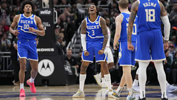 Milwaukee Bucks guard Kevin Porter Jr. celebrates after scoring a basket during the fourth quarter against the Miami Heat at Fiserv Forum on Sunday.