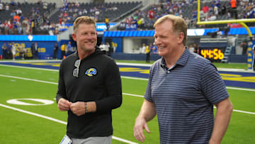 Sep 8, 2022; Inglewood, California, USA; Commissioner of the NFL Roger Goodell talks with Rams General Manager Les Snead Mandatory Credit: Kirby Lee-Imagn Images