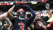 Nov 19, 2023; Houston, Texas, USA;  Houston Texans wide receiver Tank Dell (3) jumps in the stands