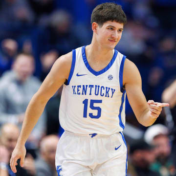 Nov 28, 2023; Lexington, Kentucky, USA; Kentucky Wildcats guard Reed Sheppard (15) reacts after making a basket during the first half against the Miami (Fl) Hurricanes at Rupp Arena at Central Bank Center.
