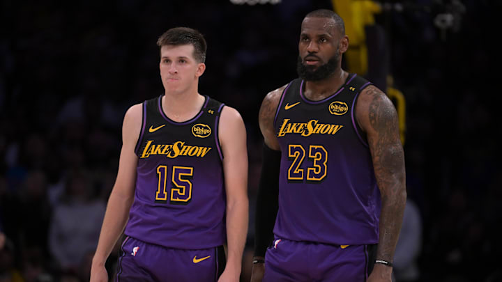 Nov 21, 2024; Los Angeles, California, USA; Los Angeles Lakers guard Austin Reaves (15) and forward LeBron James (23) talk on the court during a stoppage in play against the Orlando Magic at Crypto.com Arena. Mandatory Credit: Jayne Kamin-Oncea-Imagn Images Nov 21, 2024; Los Angeles, California, USA; Los Angeles Lakers guard Austin Reaves (15) and forward LeBron James (23) talk on the court during a stoppage in play against the Orlando Magic at Crypto.com Arena. Mandatory Credit: Jayne Kamin-Oncea-Imagn Images