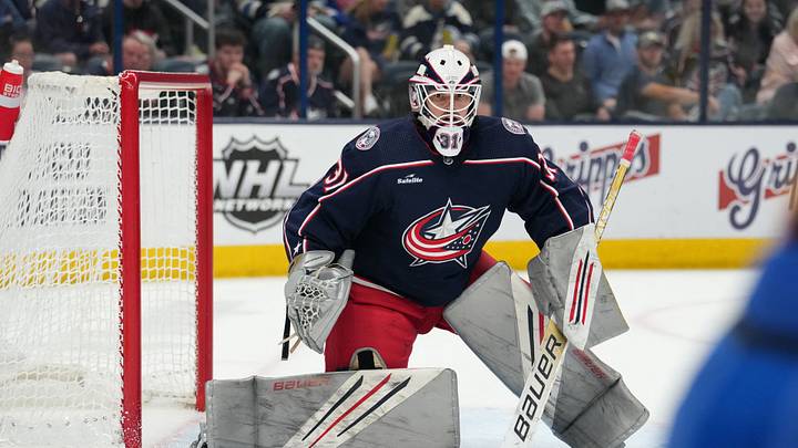 Apr 14, 2023; Columbus, Ohio, USA; Columbus Blue Jackets goaltender Michael Hutchinson (31) tends net during the third period against the Buffalo Sabres at Nationwide Arena. Mandatory Credit: Jason Mowry-USA TODAY Sports