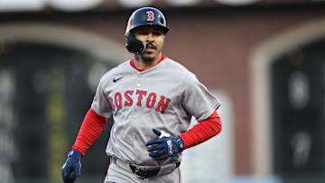 Jun 20, 2025; San Francisco, California, USA; Boston Red Sox second baseman David Hamilton (17) runs the bases after hitting a two-run home run against the San Francisco Giants in the third inning at Oracle Park. Mandatory Credit: Eakin Howard-Imagn Images