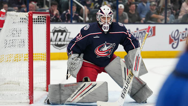 Apr 14, 2023; Columbus, Ohio, USA; Columbus Blue Jackets goaltender Michael Hutchinson (31) tends net during the third period against the Buffalo Sabres at Nationwide Arena. Mandatory Credit: Jason Mowry-Imagn Images