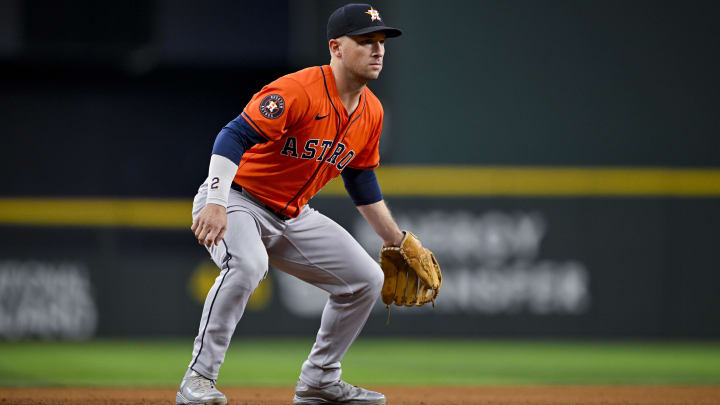 Aug 7, 2024; Arlington, Texas, USA; Houston Astros third baseman Alex Bregman (2) in action during the game between the Texas Rangers and the Houston Astros at Globe Life Field.