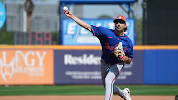 Feb 13, 2025; Port St. Lucie, FL, USA; New York Mets pitcher Brandon Sproat (91) pitches live batting practice at Spring Training. Mandatory Credit: Jim Rassol-Imagn Images