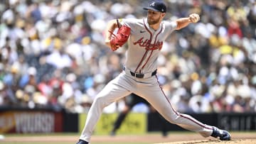 Jul 14, 2024; San Diego, California, USA; Atlanta Braves starting pitcher Chris Sale (51) pitches against the San Diego Padres during the first inning at Petco Park. Mandatory Credit: Orlando Ramirez-USA TODAY Sports
