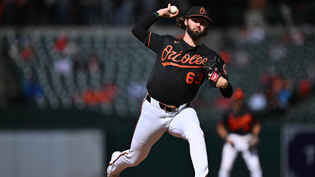 Apr 30, 2026; Baltimore, MD, USA; Baltimore Orioles pitcher Brandon Young (63) pitches in the first inning against the Houston Astros at Oriole Park at Camden Yards. Mandatory Credit: Jamie Sabau-Imagn Images