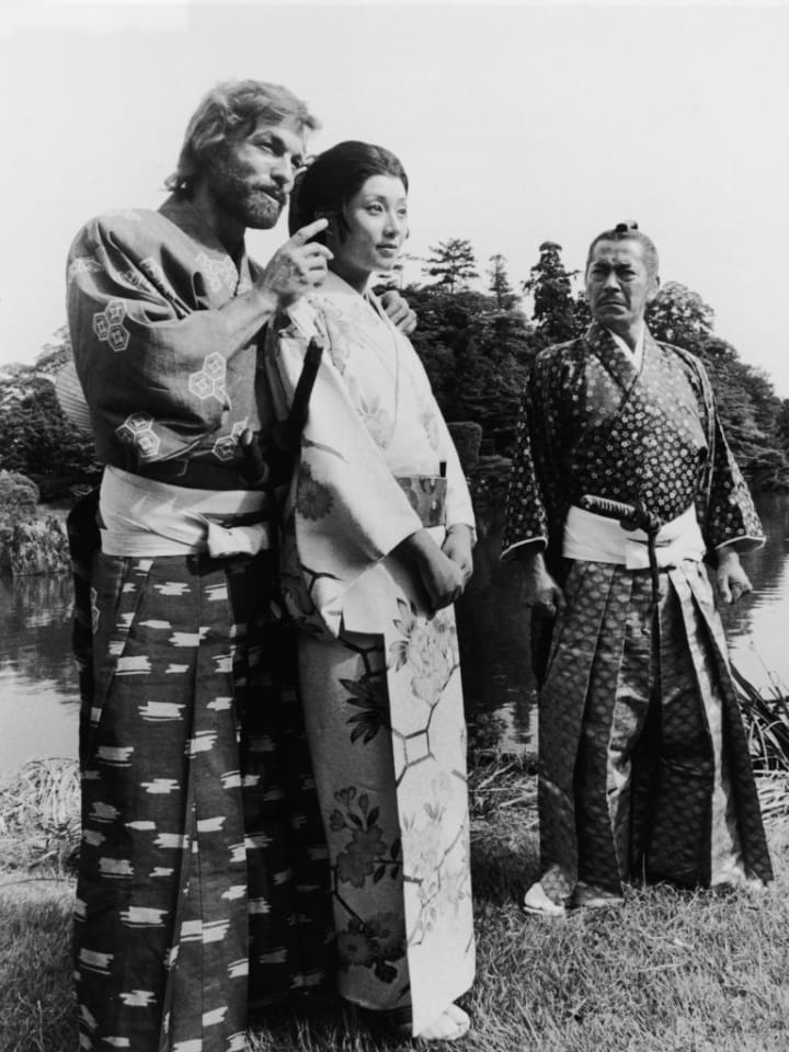Richard Chamberlain, Toshiro Mifune, and Yoko Shimada are pictured in 'Shogun'