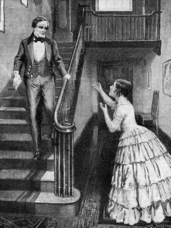 Samuel Morse descending a staircase as Annie Ellsworth speaks to him excitedly from the hall beside the banister