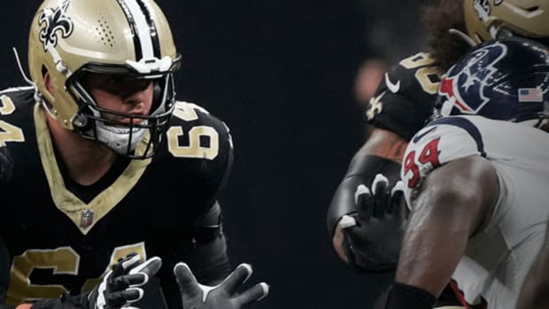 New Orleans Saints offensive lineman Nick Saldiveri (64) in action against the Houston Texans 