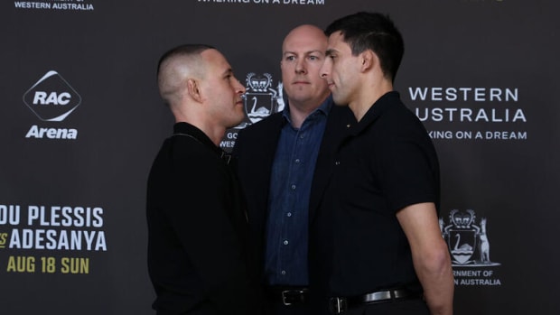 Kai Kara-France and Steve Ercge have a staredown ahead of their UFC 305 flyweight fight.