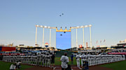 Oct 9, 2024; Kansas City, Missouri, USA; General view off the fly over before the game between the New York Yankees and the Kansas City Royals during game three of the ALDS for the 2024 MLB Playoffs at Kauffman Stadium. Mandatory Credit: Peter Aiken-Imagn Images