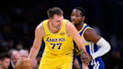 Oct 21, 2025; Los Angeles, California, USA; Los Angeles Lakers guard Luka Doncic (77) looks to drive against Golden State Warriors forward Jonathan Kuminga (1) during the second half at Crypto.com Arena. Mandatory Credit: William Liang-Imagn Images