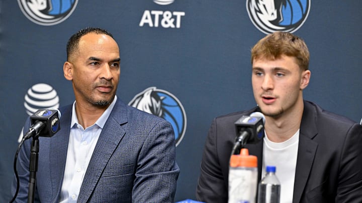 Dallas Mavericks general manager Nico Harrison looks on with Mavericks first overall pick Cooper Flagg at a press conference. Dallas Mavericks general manager Nico Harrison looks on with Mavericks first overall pick Cooper Flagg at a press conference.
