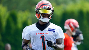 Cincinnati Bengals wide receiver Ja'Marr Chase (1) lines up wide during the second day of preseason training camp in downtown Cincinnati on Thursday, July 24, 2025.