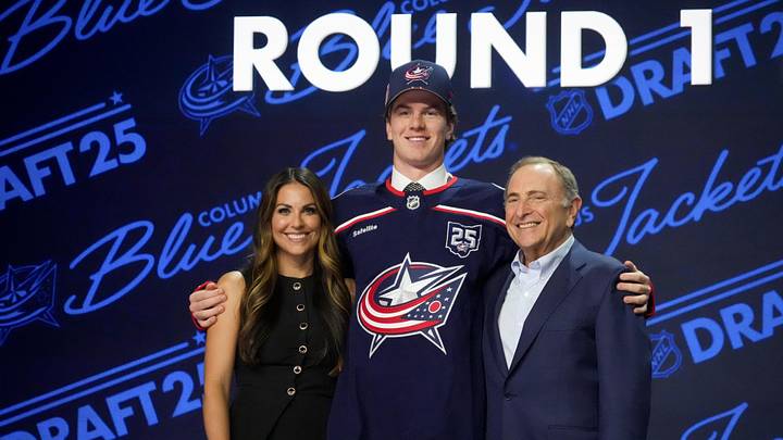 Jun 27, 2025; Los Angeles, California, USA; Jackson Smith is selected as the 14th overall pick to the Columbus Blue Jackets in the first round of the 2025 NHL Draft at Peacock Theater. Mandatory Credit: Kirby Lee-Imagn Images