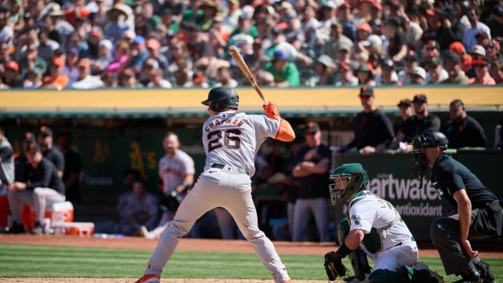 Aug 18, 2024; Oakland, California, USA; San Francisco Giants infielder Matt Chapman (26) bats for the final time against the Oakland Athletics at Oakland-Alameda County Coliseum during the eighth inning.