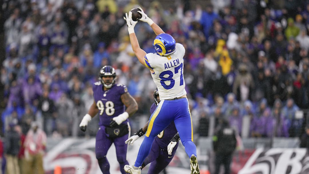 Dec 10, 2023; Baltimore, Maryland, USA;  Los Angeles Rams tight end Davis Allen (87) makes a catch against the Baltimore Ravens during the fourth quarter at M&T Bank Stadium. Mandatory Credit: Jessica Rapfogel-Imagn Images